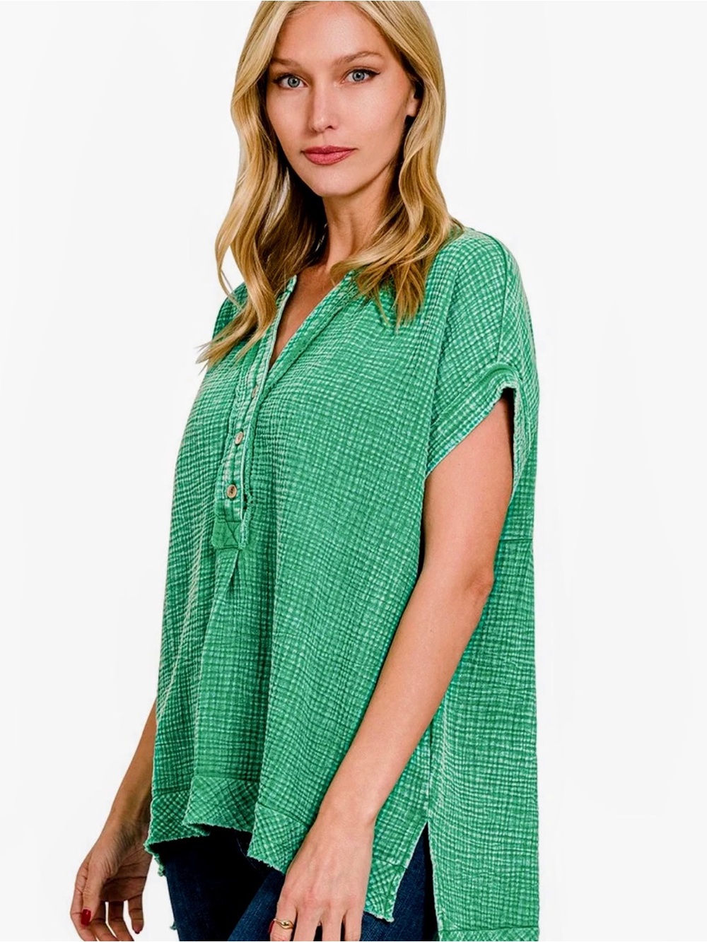 Zenana Outfitters Green Textured Button Henley Tunic